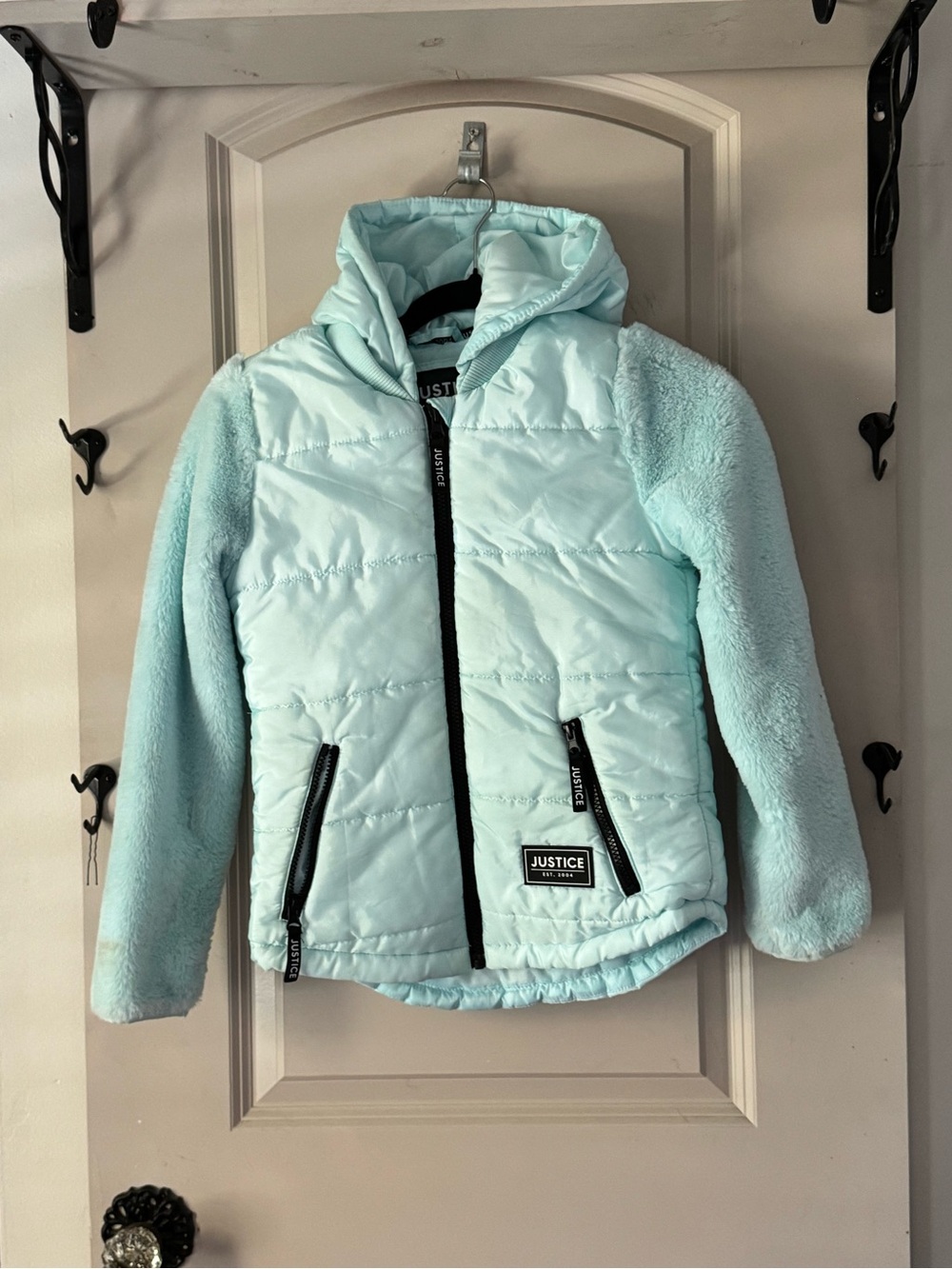 Justice Girls Mint Blue Hooded Puffer with Fleece Sleeves
